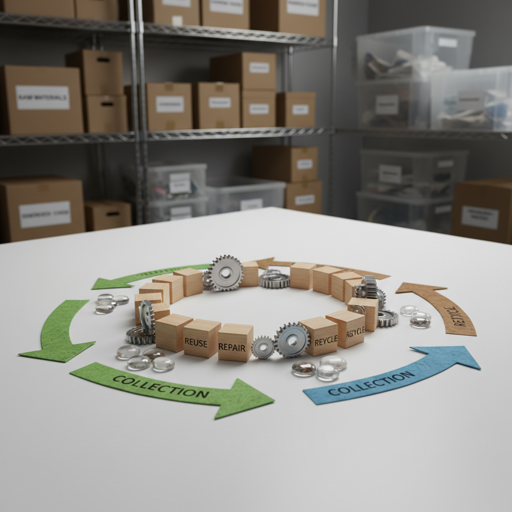 A close-up, photographic image of a circular materials flow diagram physically built on a smooth, matte white tabletop using real objects: small wooden blocks, metal gears, glass pebbles, and color-coded arrows made from recycled paper. Each segment represents stages of reuse, repair, and recycling, arranged in a precise loop. Soft overhead studio lighting creates subtle shadows that add depth without harsh contrasts. In the blurred background, shelves with neatly stacked cardboard boxes and labeled containers suggest an operational sustainability center. Shot from a slightly elevated angle with shallow depth of field, the composition draws the eye to the tactile details and textures. The mood is analytical yet hopeful, with a clean, professional aesthetic that makes complex sustainable systems feel tangible and understandable.