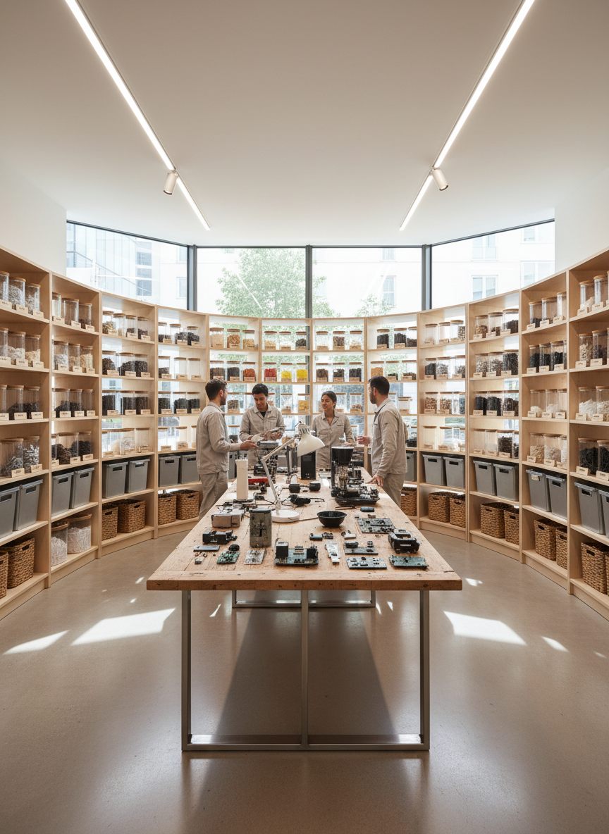 A meticulously organized circular economy hub interior with modular birch-wood shelving filled with neatly labeled glass jars, metal bins, and woven baskets containing sorted materials like paper, textiles, and electronics. In the center, a large reclaimed-wood worktable showcases disassembled products laid out in precise rows. Floor-to-ceiling windows reveal a hint of urban greenery outside, allowing soft, diffused daylight to bathe the space in a calm, professional glow. Overhead, minimalist LED track lights add gentle highlights to polished concrete floors. Captured at eye level with a wide-angle lens, the composition emphasizes depth and clarity, with sharp focus throughout. The photographic realism and clean, modern aesthetic convey a sophisticated yet approachable environment where sustainable systems are actively practiced and visibly organized.